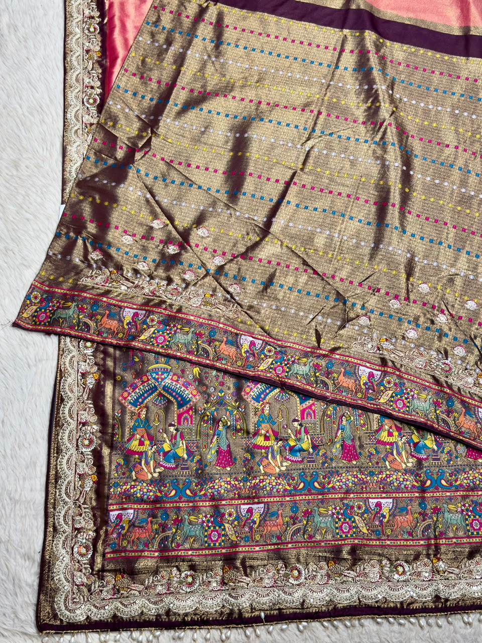 SHAGUN FASHION Premium Pooja Work Designer Silk Saree with Heavy Embroidered Cutwork Border & Traditional Pichwai Pallu