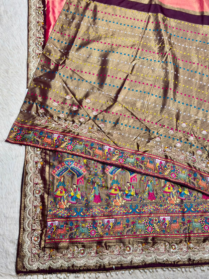 SHAGUN FASHION Premium Pooja Work Designer Silk Saree with Heavy Embroidered Cutwork Border & Traditional Pichwai Pallu