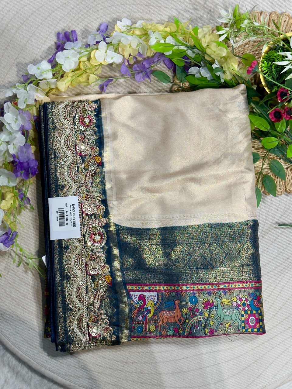 SHAGUN FASHION Premium Pooja Work Designer Silk Saree with Heavy Embroidered Cutwork Border & Traditional Pichwai Pallu