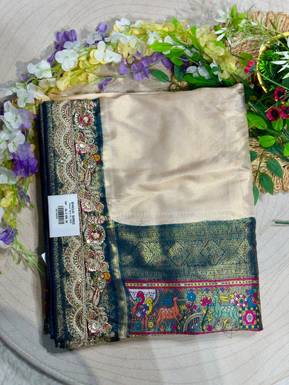 SHAGUN FASHION Premium Pooja Work Designer Silk Saree with Heavy Embroidered Cutwork Border & Traditional Pichwai Pallu