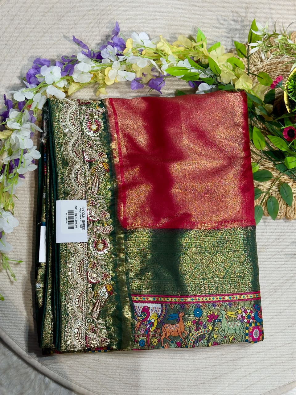 SHAGUN FASHION Premium Pooja Work Designer Silk Saree with Heavy Embroidered Cutwork Border & Traditional Pichwai Pallu
