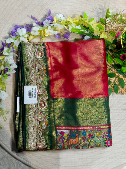 SHAGUN FASHION Premium Pooja Work Designer Silk Saree with Heavy Embroidered Cutwork Border & Traditional Pichwai Pallu