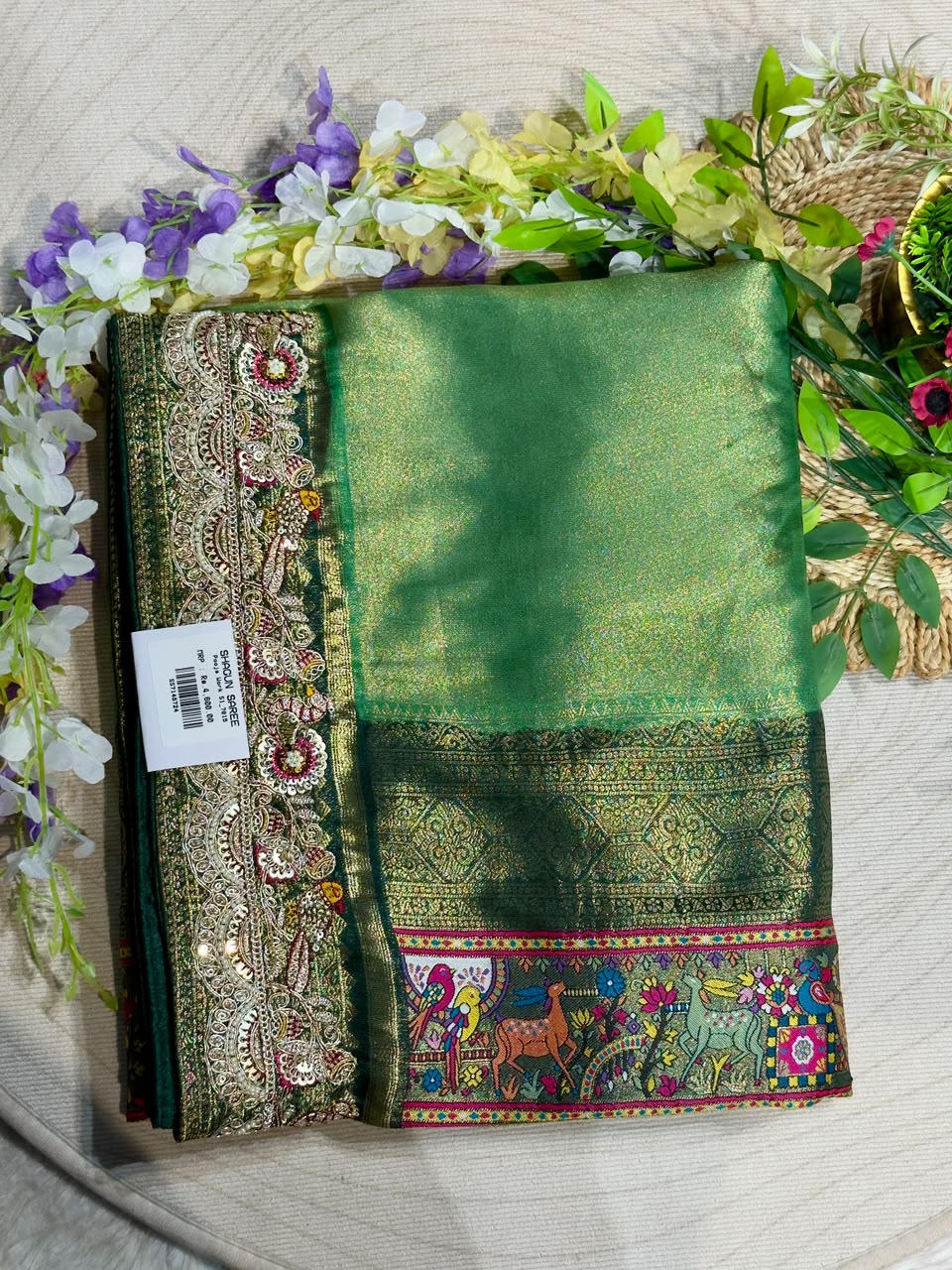 SHAGUN FASHION Premium Pooja Work Designer Silk Saree with Heavy Embroidered Cutwork Border & Traditional Pichwai Pallu