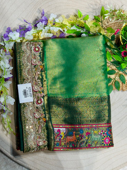SHAGUN FASHION Premium Pooja Work Designer Silk Saree with Heavy Embroidered Cutwork Border & Traditional Pichwai Pallu