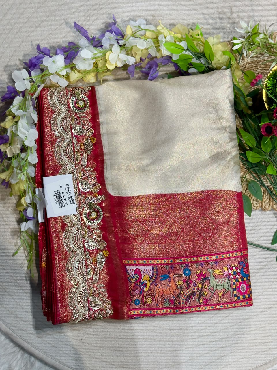 SHAGUN FASHION Premium Pooja Work Designer Silk Saree with Heavy Embroidered Cutwork Border & Traditional Pichwai Pallu
