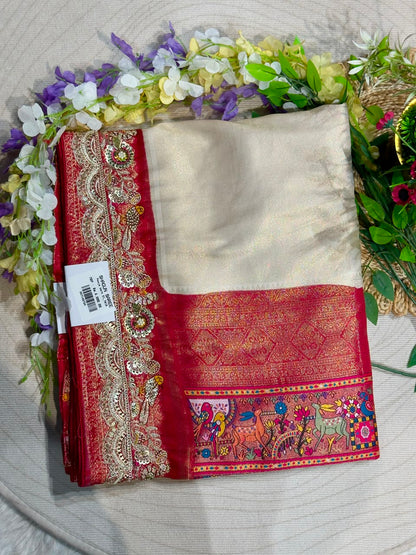 SHAGUN FASHION Premium Pooja Work Designer Silk Saree with Heavy Embroidered Cutwork Border & Traditional Pichwai Pallu