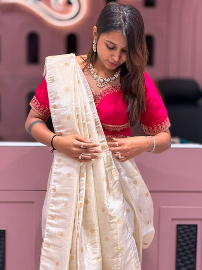 Cream Silk Patola Saree with Heavy Designer Border and Latkan