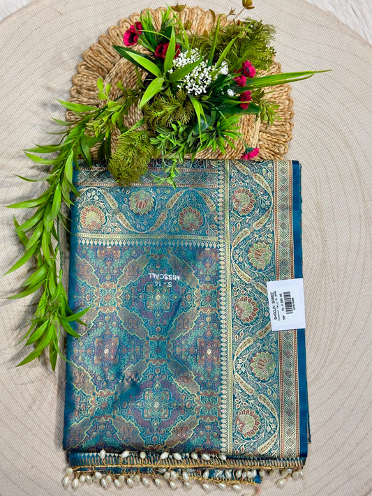SHAGUN FASHION Premium Zari Woven Gajji Silk Saree with Elegant Pearl Latkan