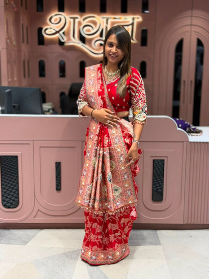 SHAGUN FASHION Premium Pure Gajji Silk Patola Saree with Heavy Hand-Drawn Gota Patti & Zardosi Work Blouse