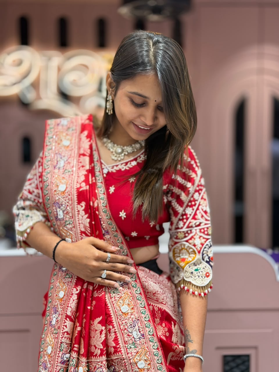 SHAGUN FASHION Premium Pure Gajji Silk Patola Saree with Heavy Hand-Drawn Gota Patti & Zardosi Work Blouse