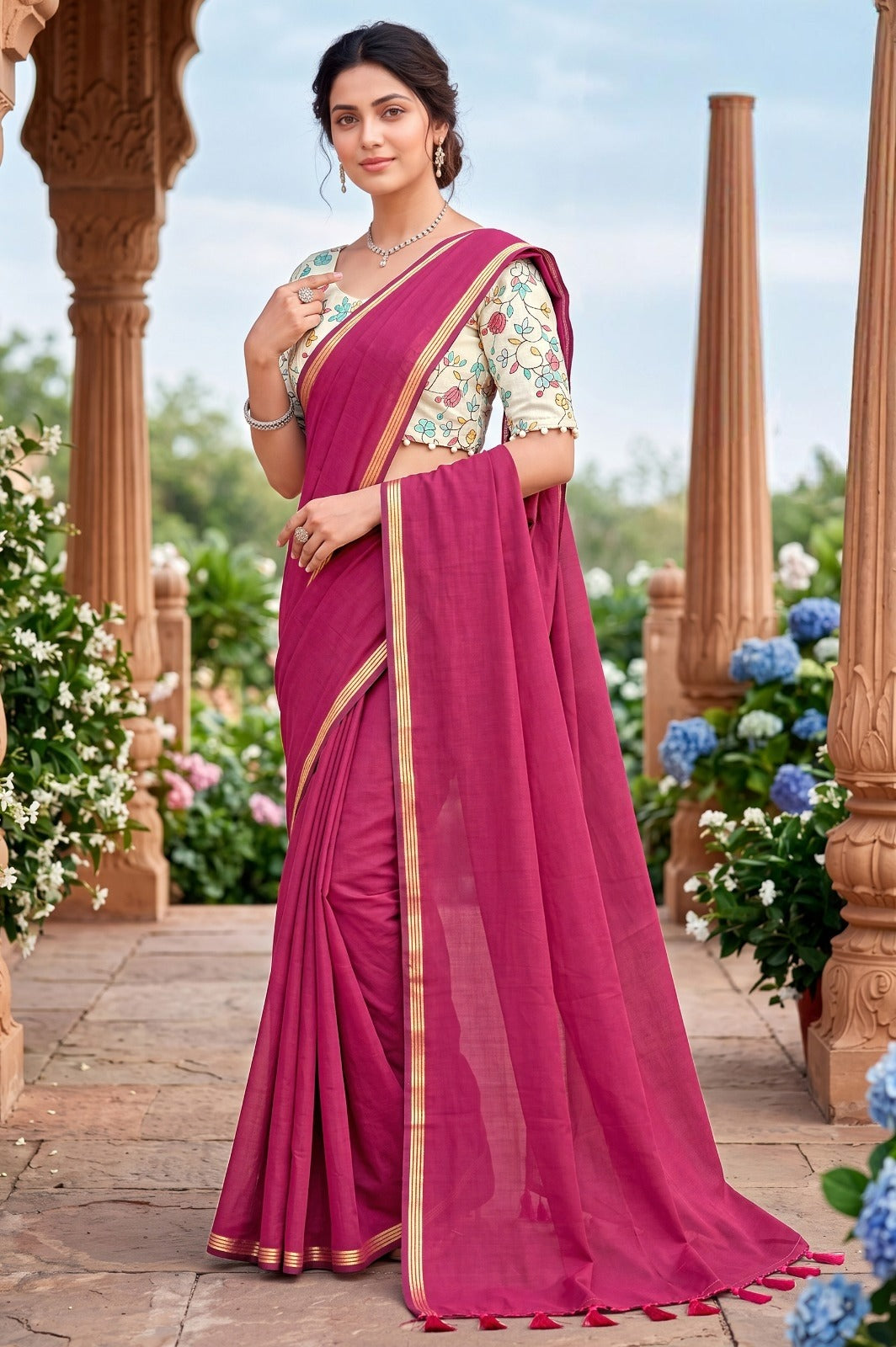 SHAGUN FASHION Premium Pure Cotton Saree With Designer Floral Blouse