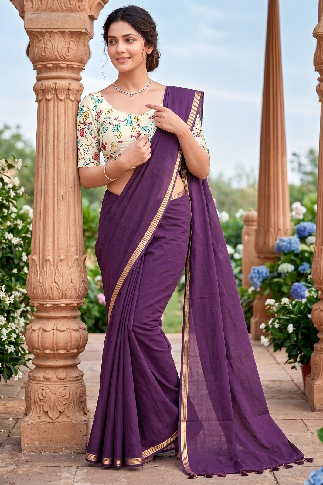SHAGUN FASHION Premium Pure Cotton Saree With Designer Floral Blouse