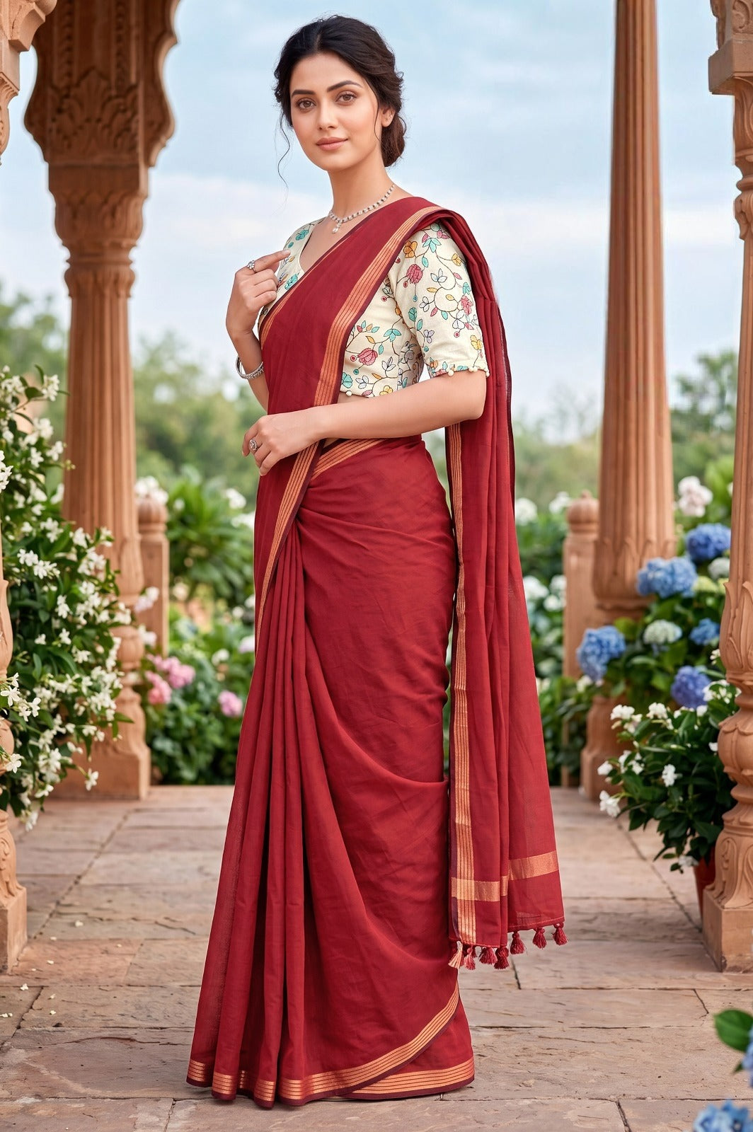 SHAGUN FASHION Premium Pure Cotton Saree With Designer Floral Blouse