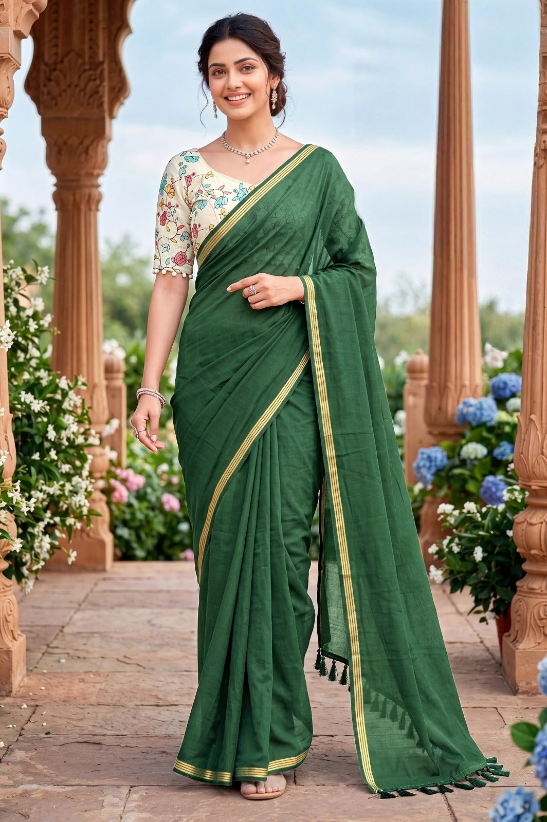 SHAGUN FASHION Premium Pure Cotton Saree With Designer Floral Blouse