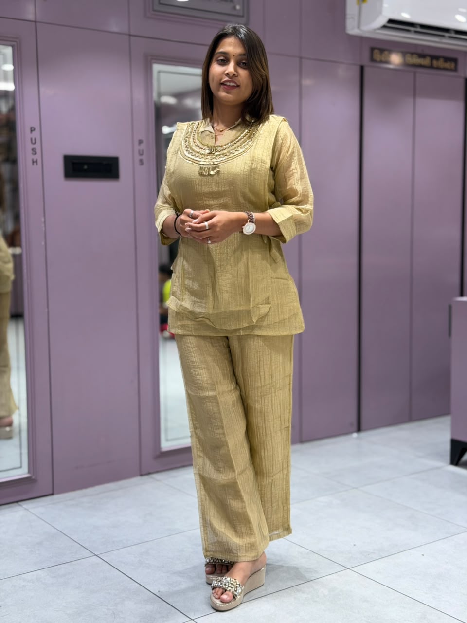 Elegant Metallic Golden-Olive Co-Ord Set by SHAGUN FASHION