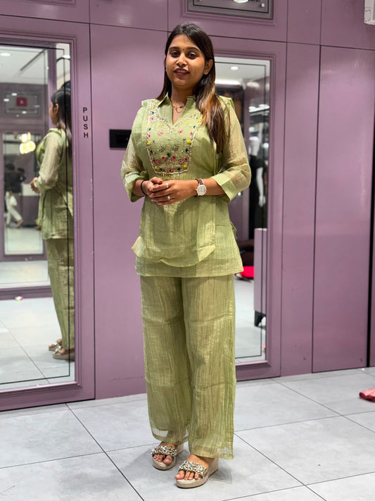 SHAGUN FASHION Premium Designer Co-Ord Set – Pista Green Heavy Work Ethnic Wear