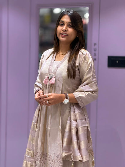 SHAGUN FASHION Premium Chanderi Silk Anarkali Suit Set with Shiny Dupatta & Matching Pants (Set of 3)