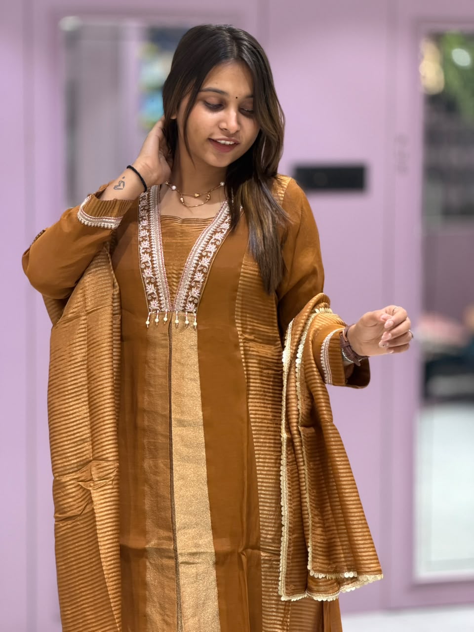 SHAGUN FASHION Premium Metallic Silk 3-Piece Kurta Set with Striped Dupatta