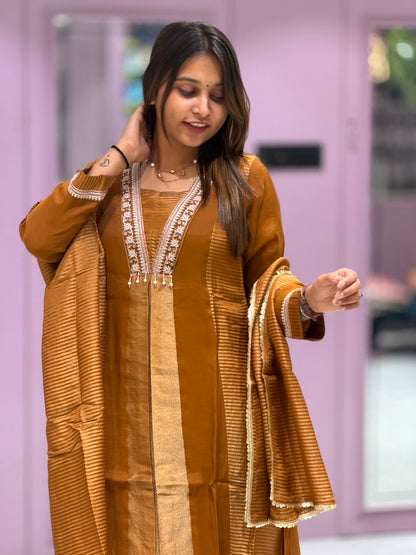 SHAGUN FASHION Premium Metallic Silk 3-Piece Kurta Set with Striped Dupatta