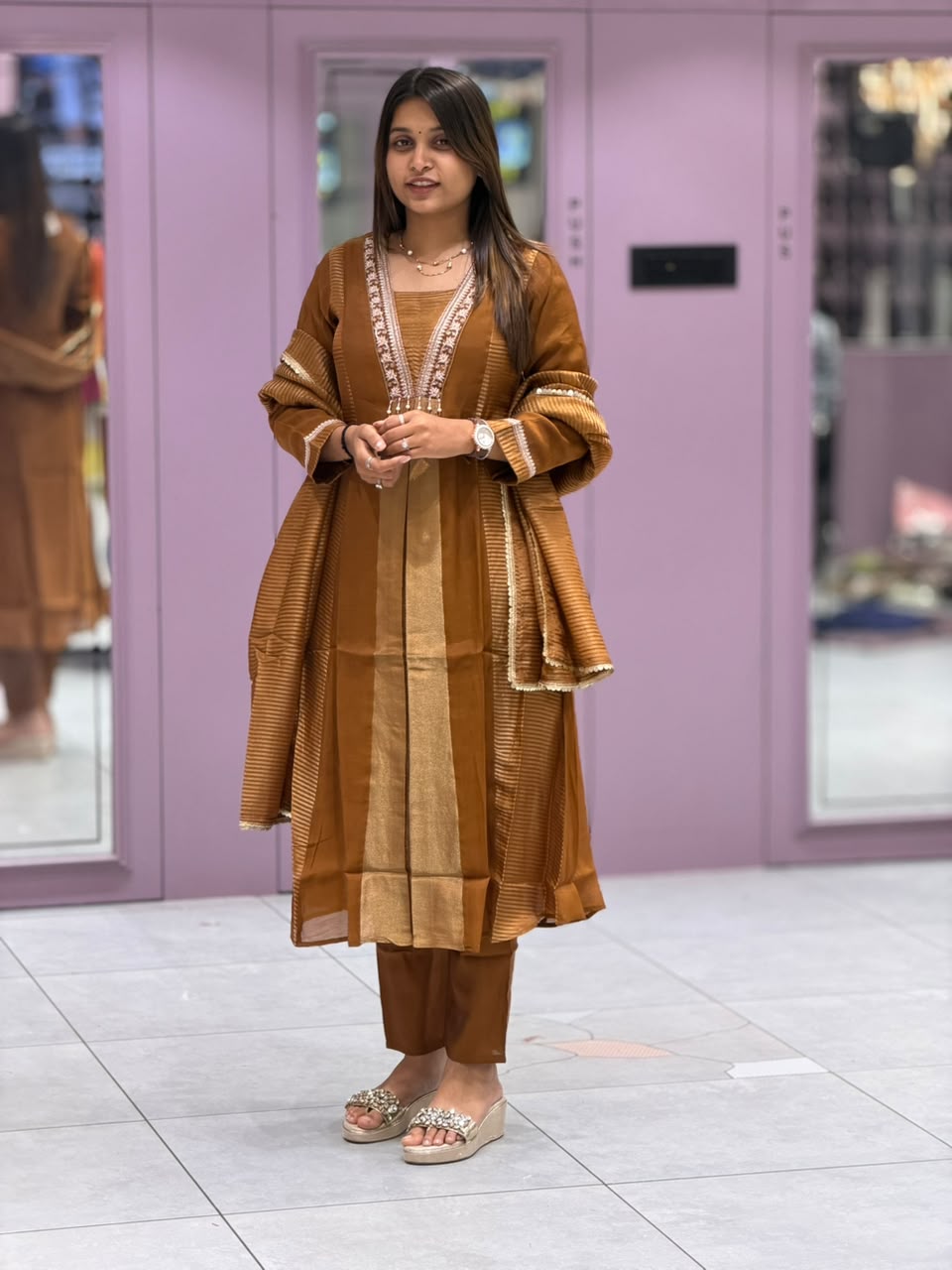 SHAGUN FASHION Premium Metallic Silk 3-Piece Kurta Set with Striped Dupatta
