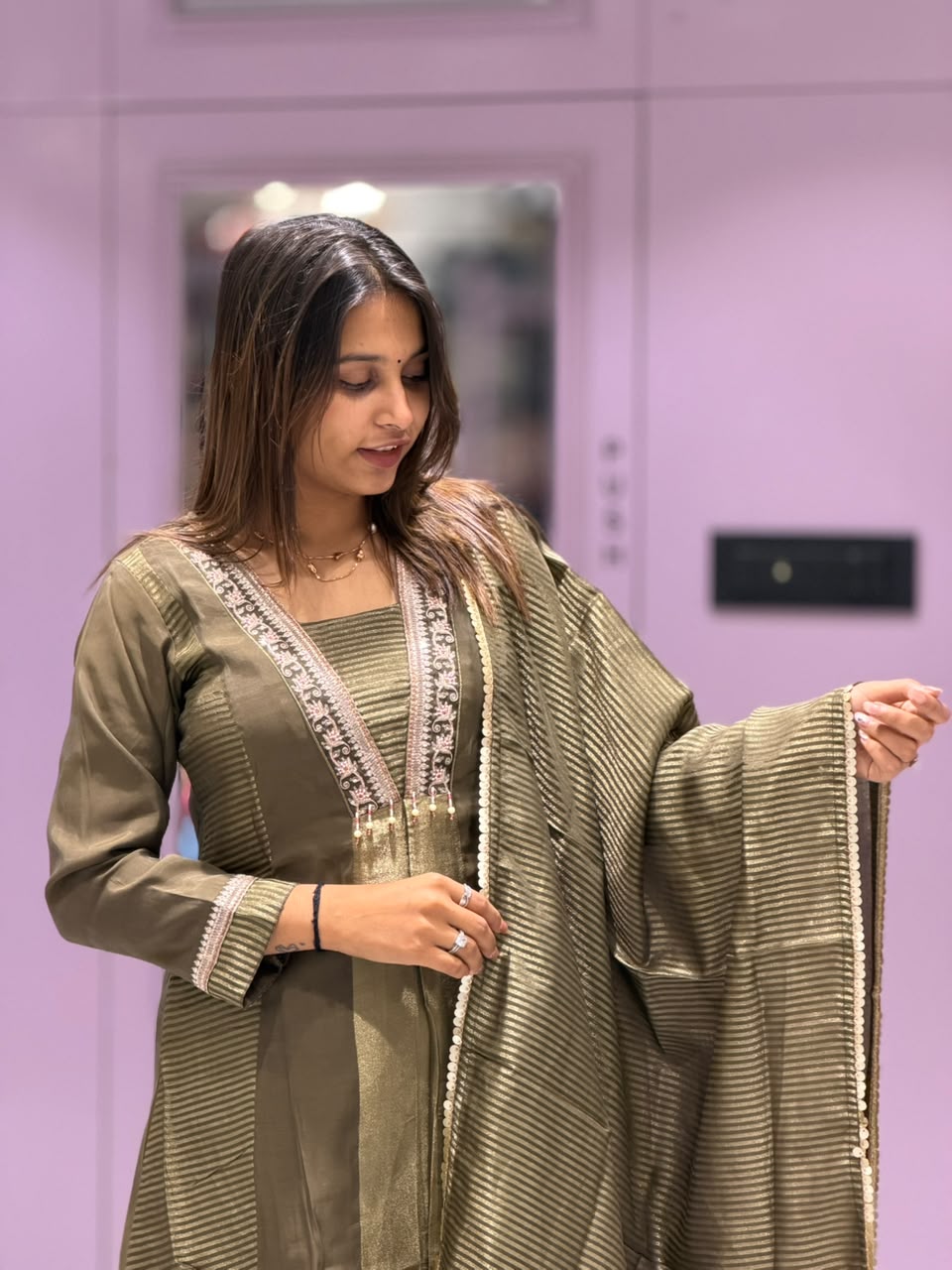 SHAGUN FASHION Premium Metallic Silk 3-Piece Kurta Set with Striped Dupatta