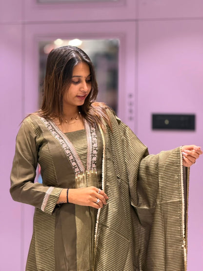 SHAGUN FASHION Premium Metallic Silk 3-Piece Kurta Set with Striped Dupatta