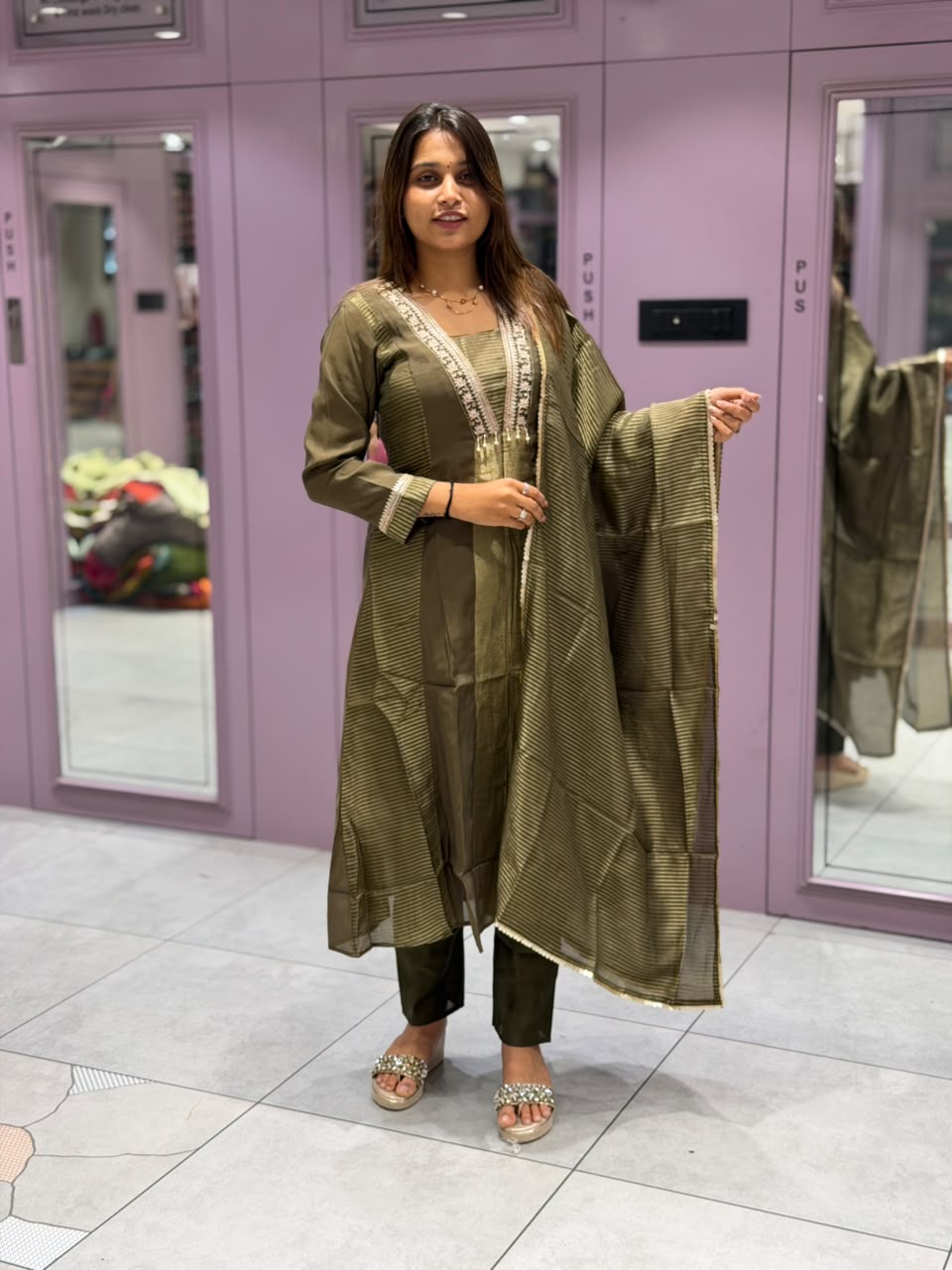 SHAGUN FASHION Premium Metallic Silk 3-Piece Kurta Set with Striped Dupatta