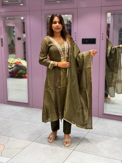 SHAGUN FASHION Premium Metallic Silk 3-Piece Kurta Set with Striped Dupatta