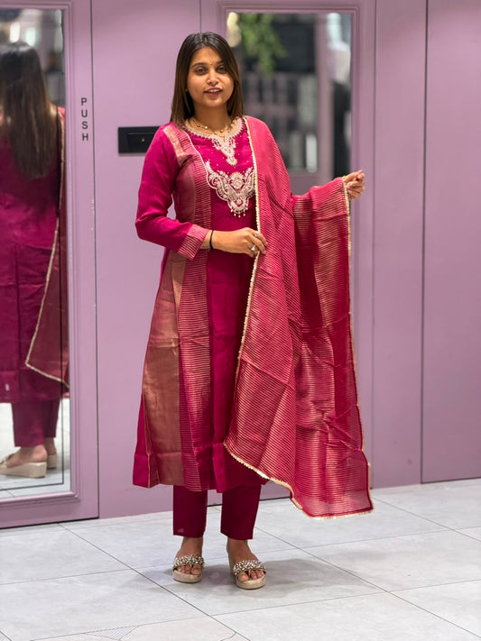 Premium Chanderi Silk Kurti Pant Set with Zari Dupatta by SHAGUN FASHION