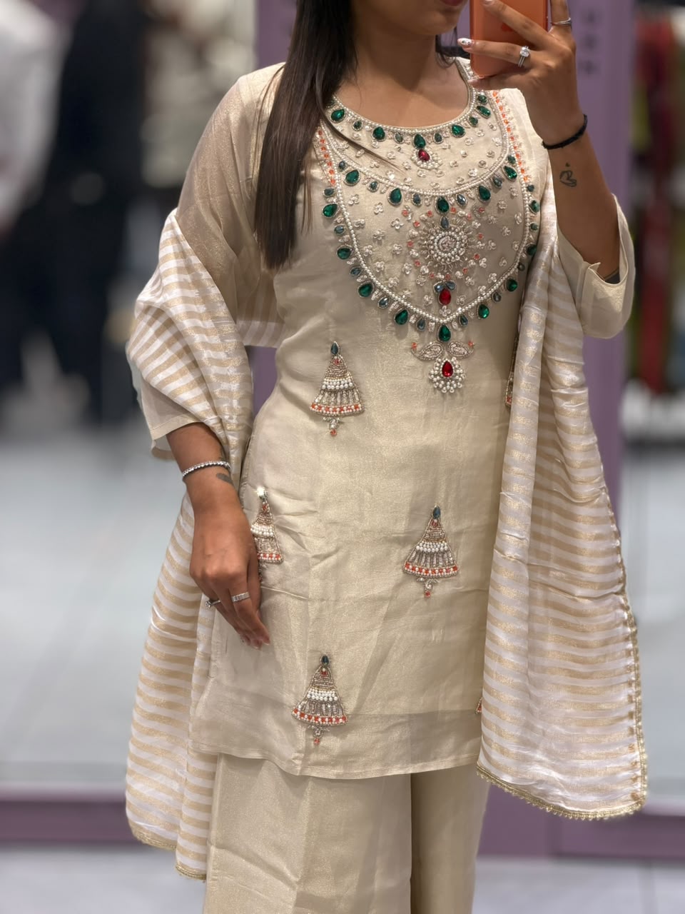 SHAGUN FASHION Premium Cream Silk 3-Piece Kurta Palazzo Set with Heavy Handwork & Striped Dupatta