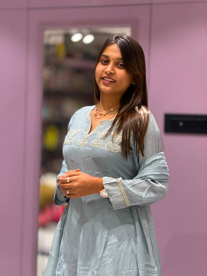 SHAGUN FASHION Premium Pastel Blue Silk Kurta, Palazzo, and Dupatta Set