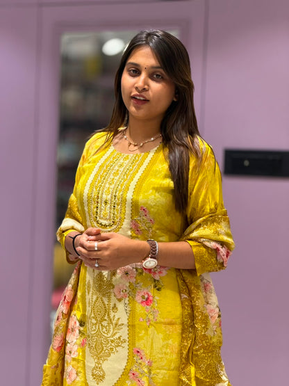 SHAGUN FASHION Premium Mustard Yellow Kurta Set with Digital Floral Dupatta