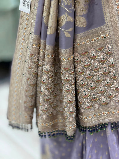 SHAGUN FASHION Luxury Lavender Silk Saree with Heavy Hand-Worked Designer Blouse