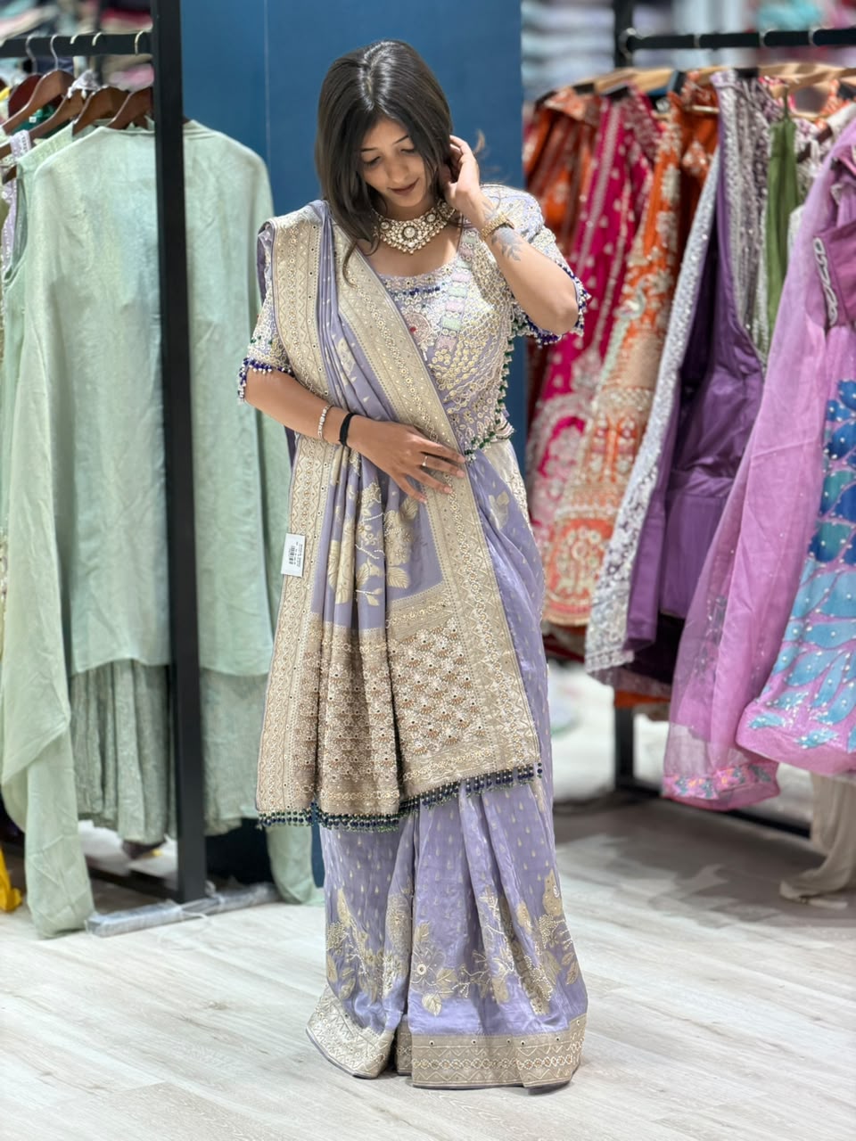 SHAGUN FASHION Luxury Lavender Silk Saree with Heavy Hand-Worked Designer Blouse