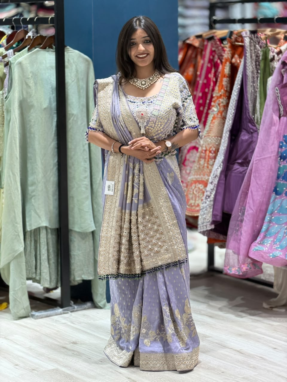 SHAGUN FASHION Luxury Lavender Silk Saree with Heavy Hand-Worked Designer Blouse