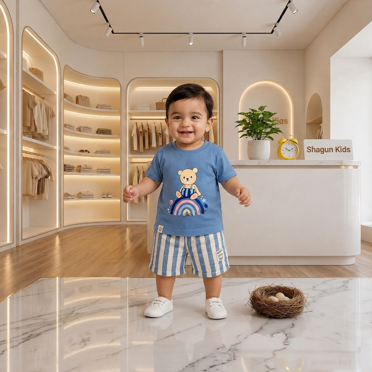 SHAGUN FASHION Cute Teddy Bear Graphic T-Shirt & Striped Shorts Clothing Set for Baby Boys