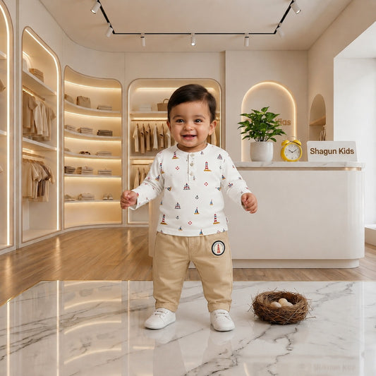 SHAGUN FASHION Cute Nautical Print Full Sleeve T-Shirt & Trousers Set for Baby Boys