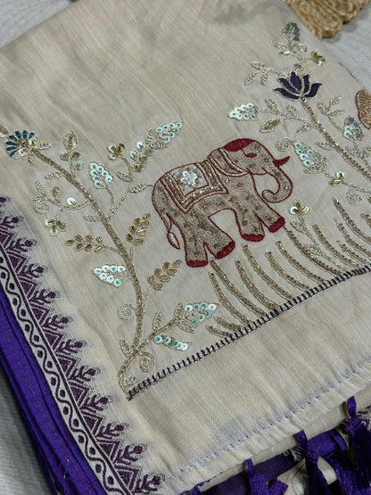 SHAGUN FASHION Designer Beige Silk Saree with Elephant & Peacock Embroidery Handwork