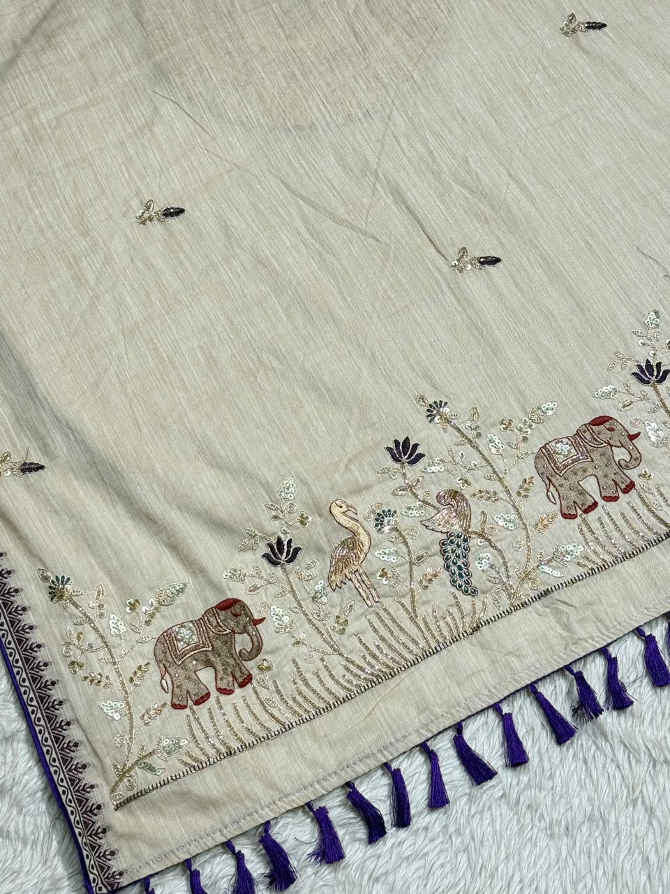 SHAGUN FASHION Designer Beige Silk Saree with Elephant & Peacock Embroidery Handwork