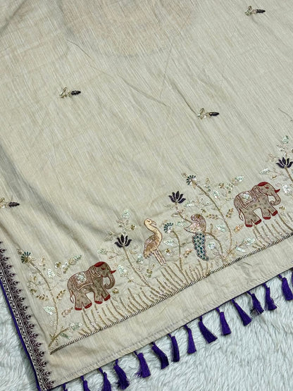 SHAGUN FASHION Designer Beige Silk Saree with Elephant & Peacock Embroidery Handwork