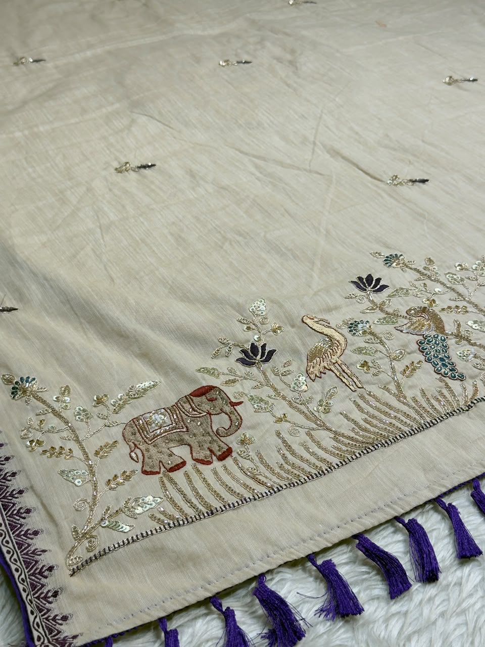 SHAGUN FASHION Designer Beige Silk Saree with Elephant & Peacock Embroidery Handwork