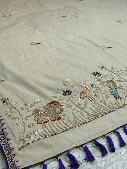 SHAGUN FASHION Designer Beige Silk Saree with Elephant & Peacock Embroidery Handwork
