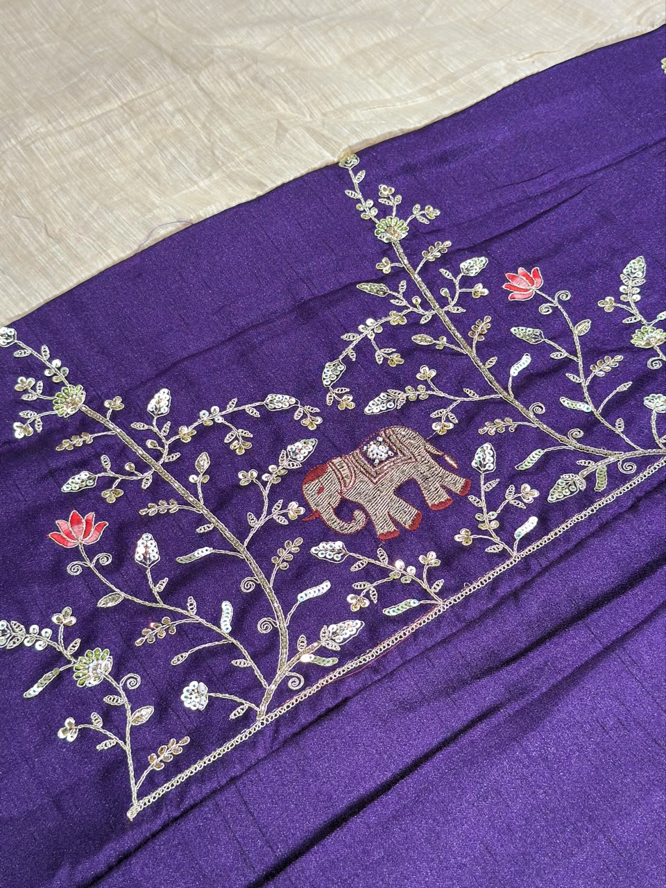 SHAGUN FASHION Designer Beige Silk Saree with Elephant & Peacock Embroidery Handwork