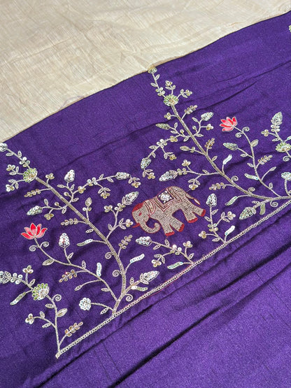 SHAGUN FASHION Designer Beige Silk Saree with Elephant & Peacock Embroidery Handwork