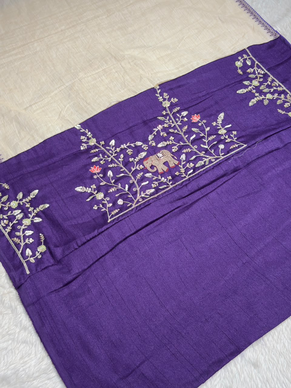 SHAGUN FASHION Designer Beige Silk Saree with Elephant & Peacock Embroidery Handwork