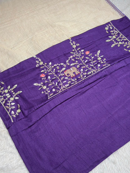 SHAGUN FASHION Designer Beige Silk Saree with Elephant & Peacock Embroidery Handwork