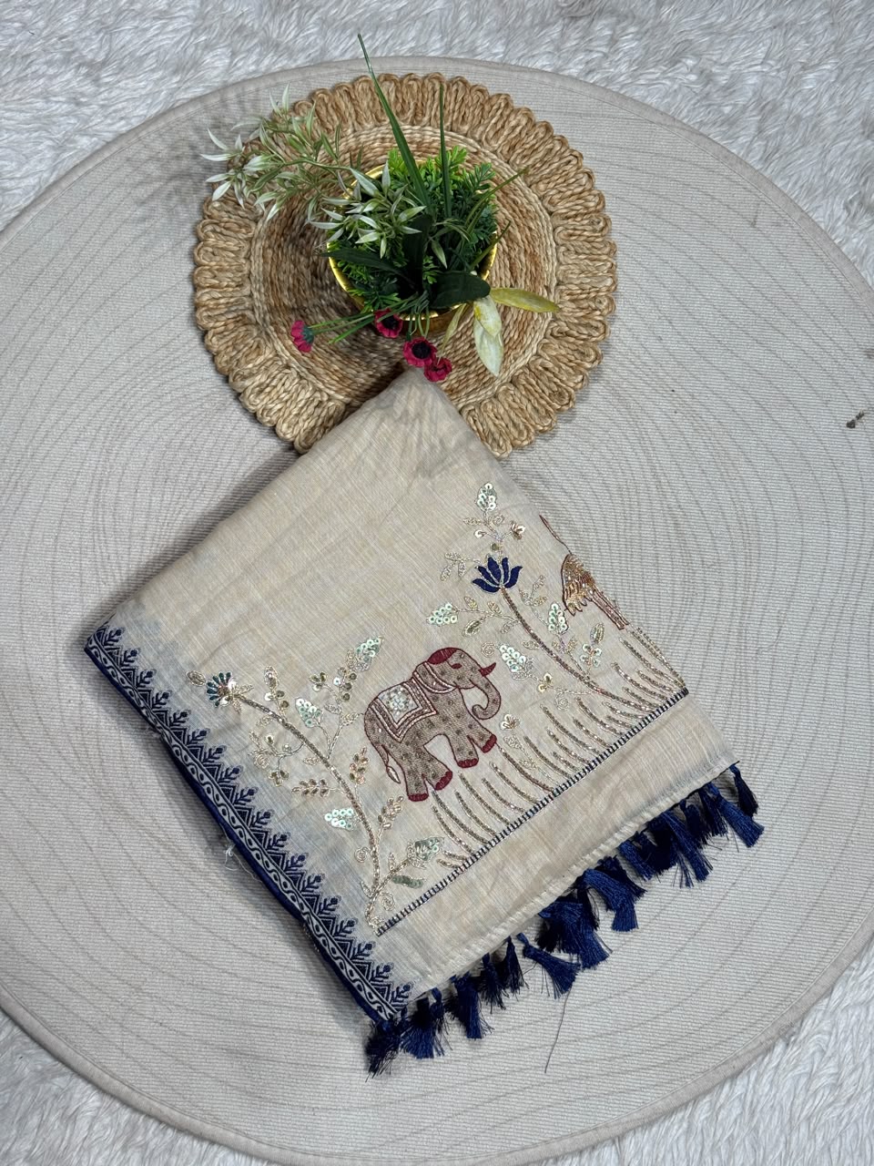 SHAGUN FASHION Designer Beige Silk Saree with Elephant & Peacock Embroidery Handwork