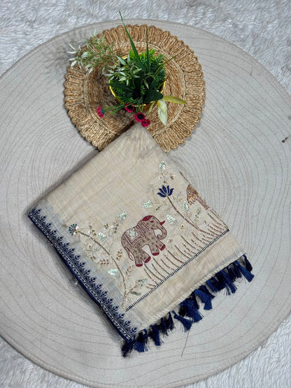 SHAGUN FASHION Designer Beige Silk Saree with Elephant & Peacock Embroidery Handwork