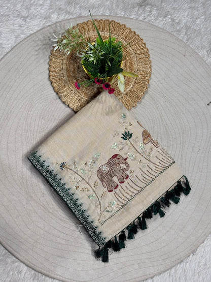 SHAGUN FASHION Designer Beige Silk Saree with Elephant & Peacock Embroidery Handwork
