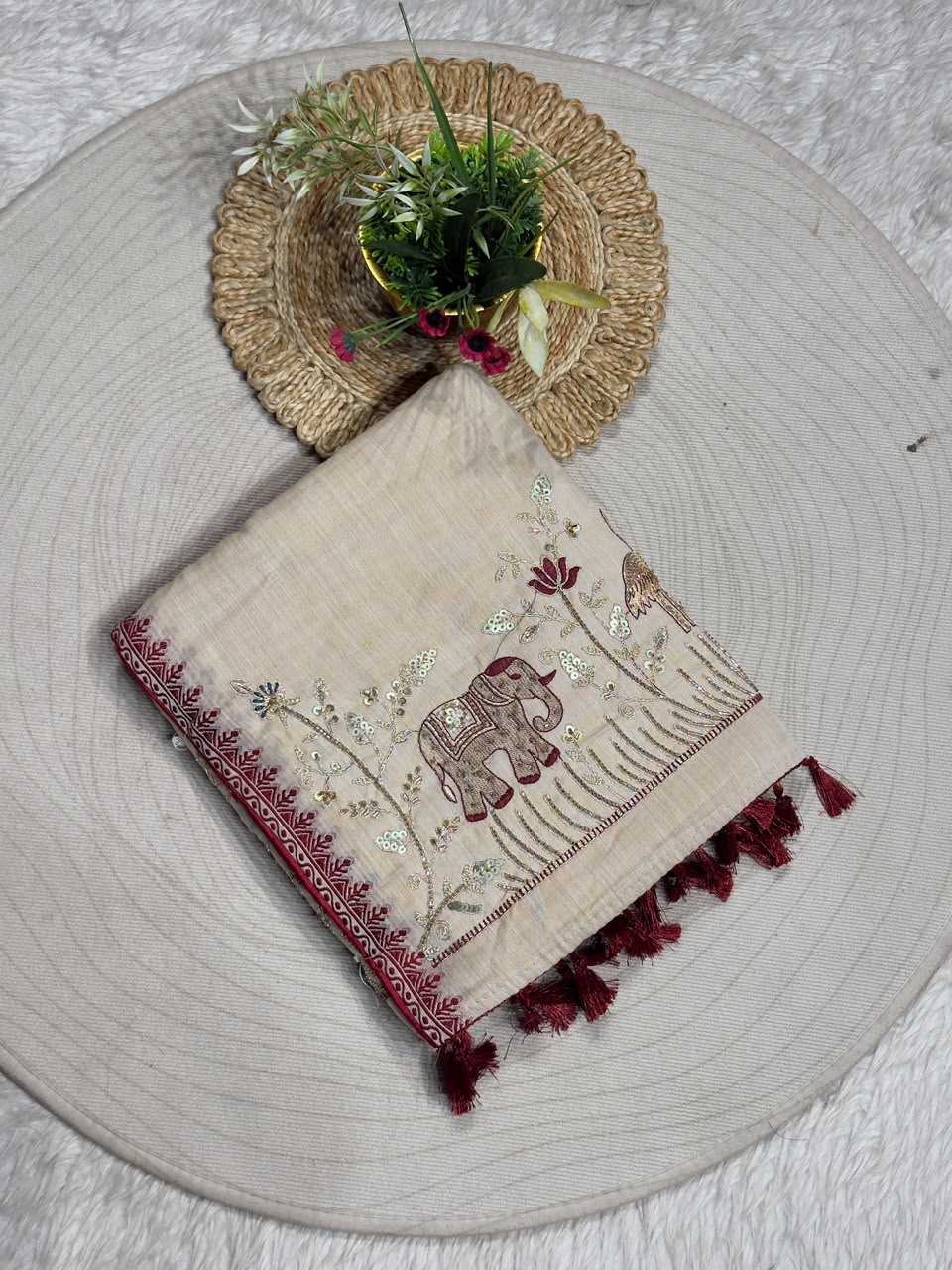 SHAGUN FASHION Designer Beige Silk Saree with Elephant & Peacock Embroidery Handwork